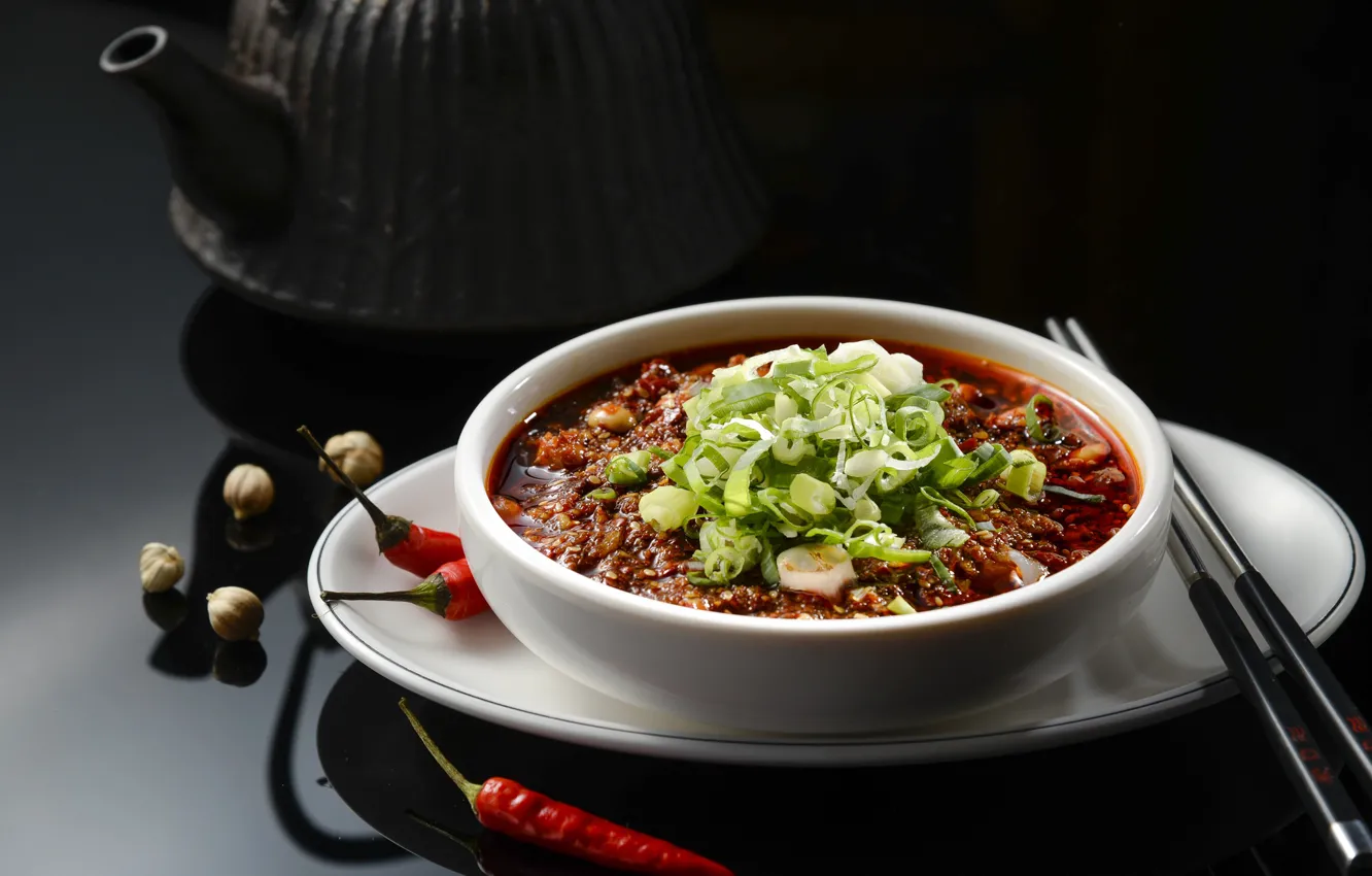 Photo wallpaper greens, bow, soup, pepper, bowl, dish