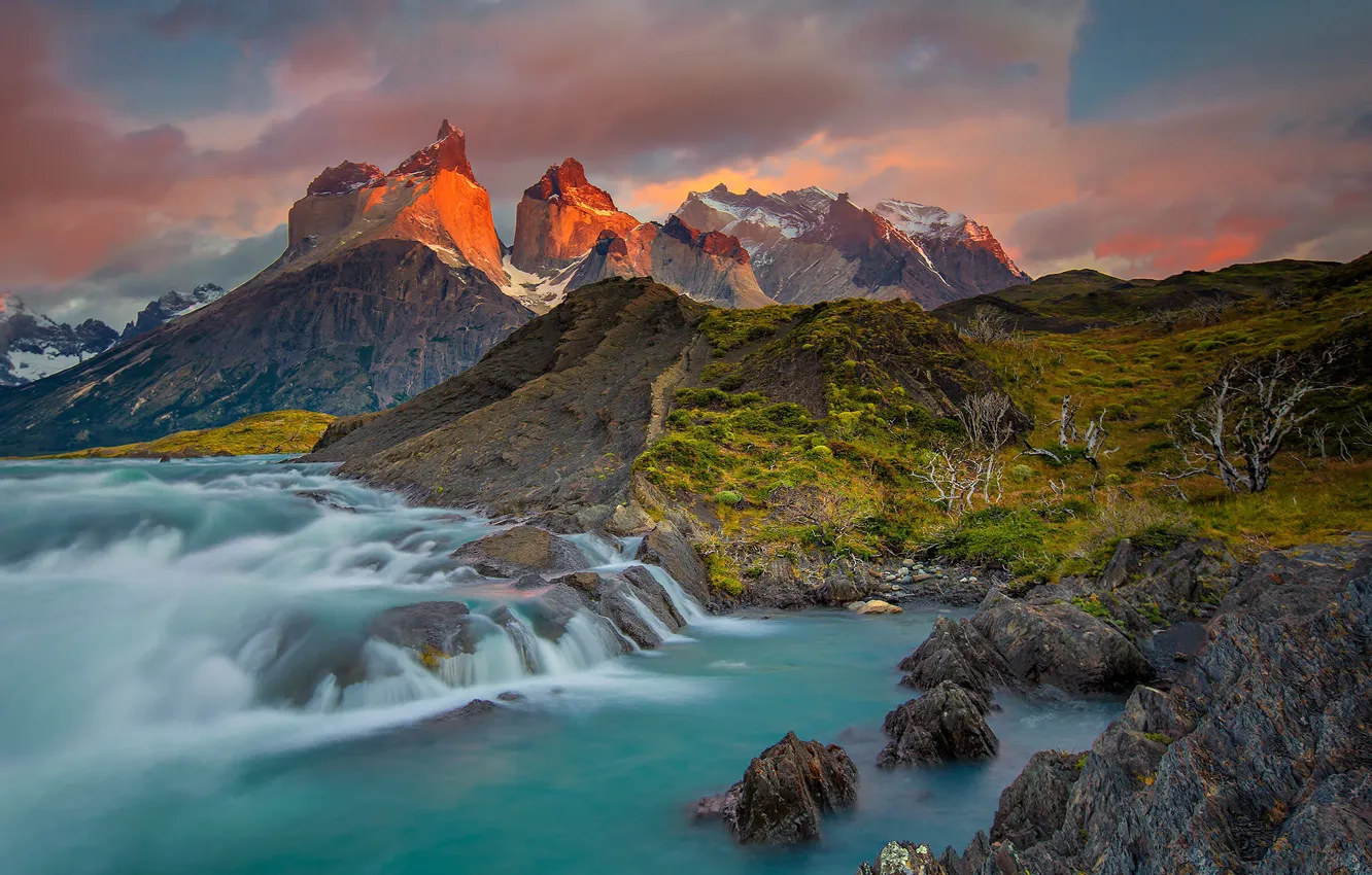 Photo wallpaper mountains, river, Chile, thresholds, Patagonia, national Park Torres del Paine
