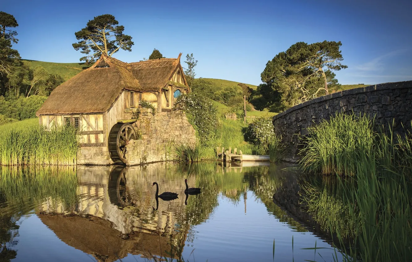 Photo wallpaper river, New Zealand, mill, Hobbiton