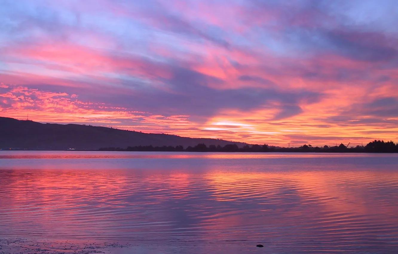 Photo wallpaper sunset, lake, shore, the atmosphere, crimson sky