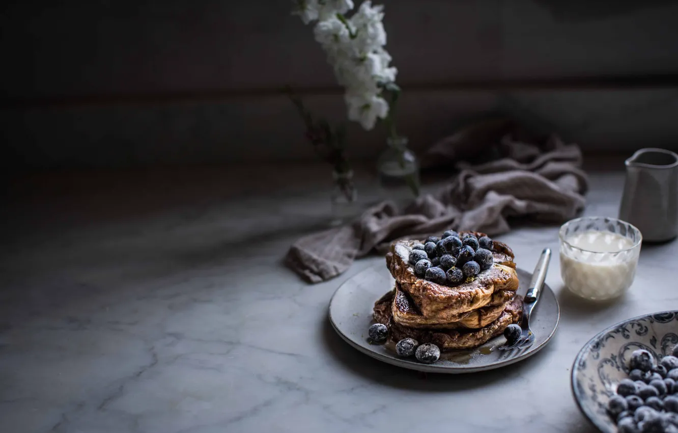 Photo wallpaper milk, blueberries, pancake