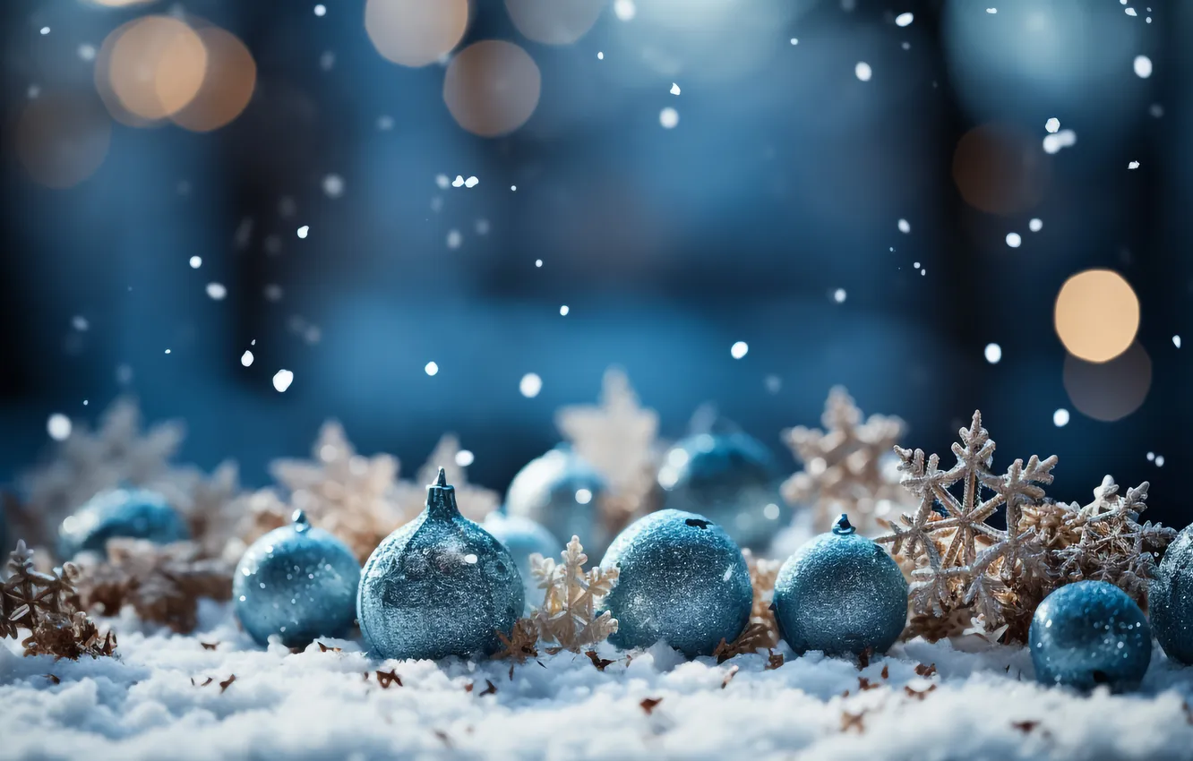 Photo wallpaper snow, decoration, night, balls, new year, Christmas, Christmas, balls