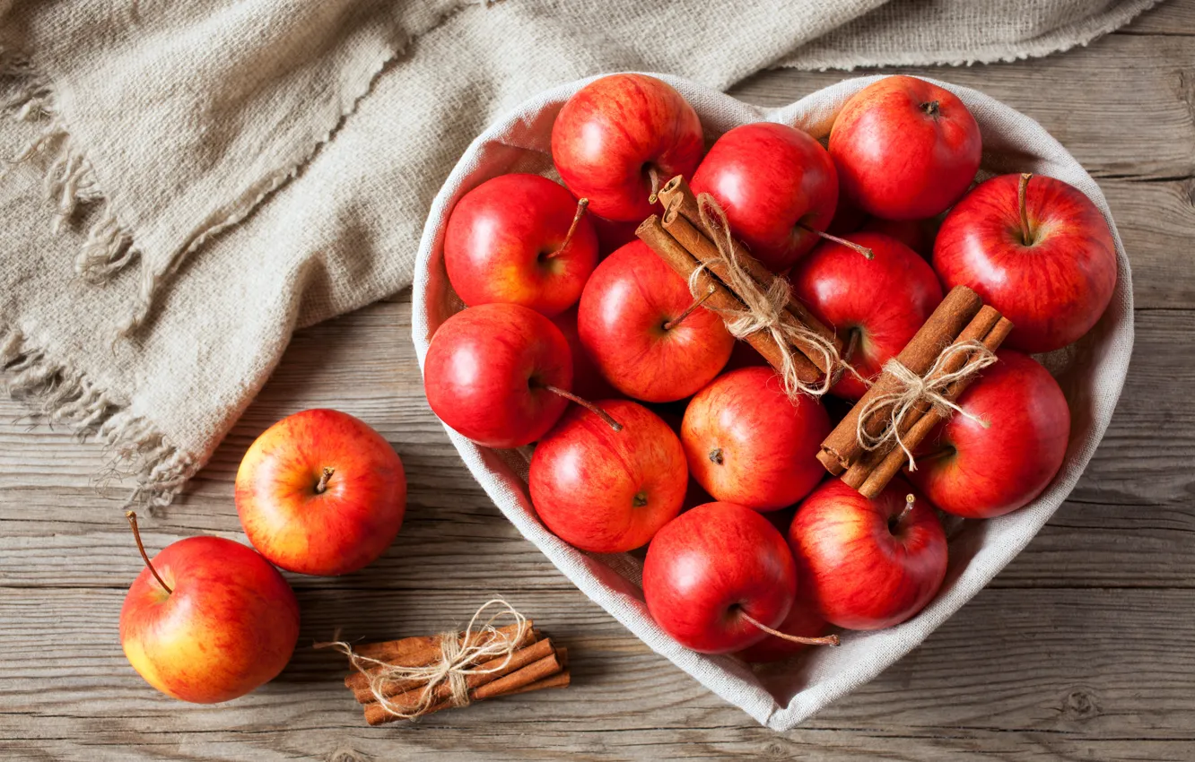 Photo wallpaper red, table, apples, fabric, fruit, cinnamon, the view from the top