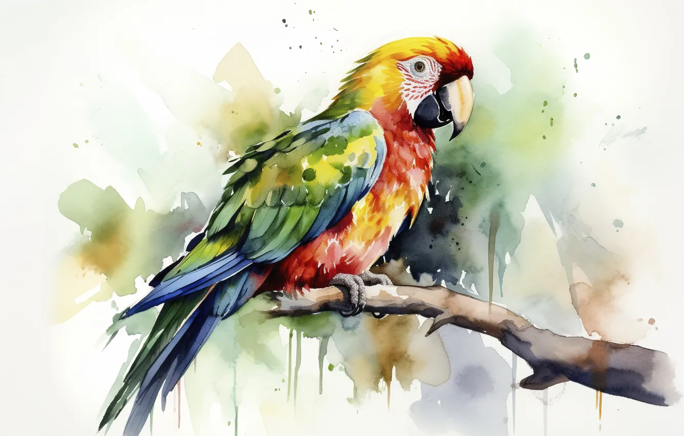 Photo wallpaper look, branches, bird, watercolor, parrot, white background, painting, Ara