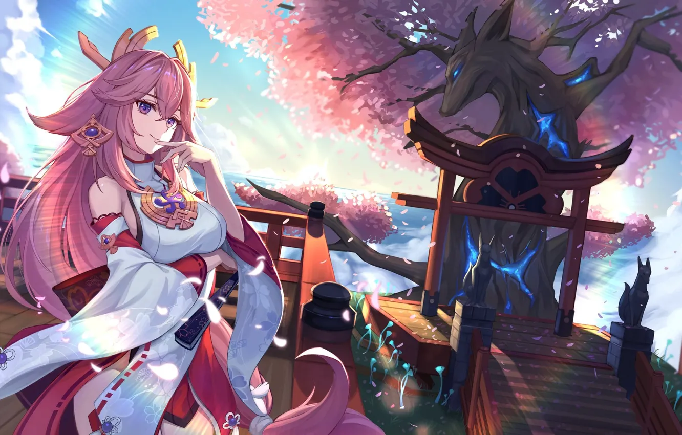 Photo wallpaper gadis kawaii, dampak genshin, yae miko genshin impact