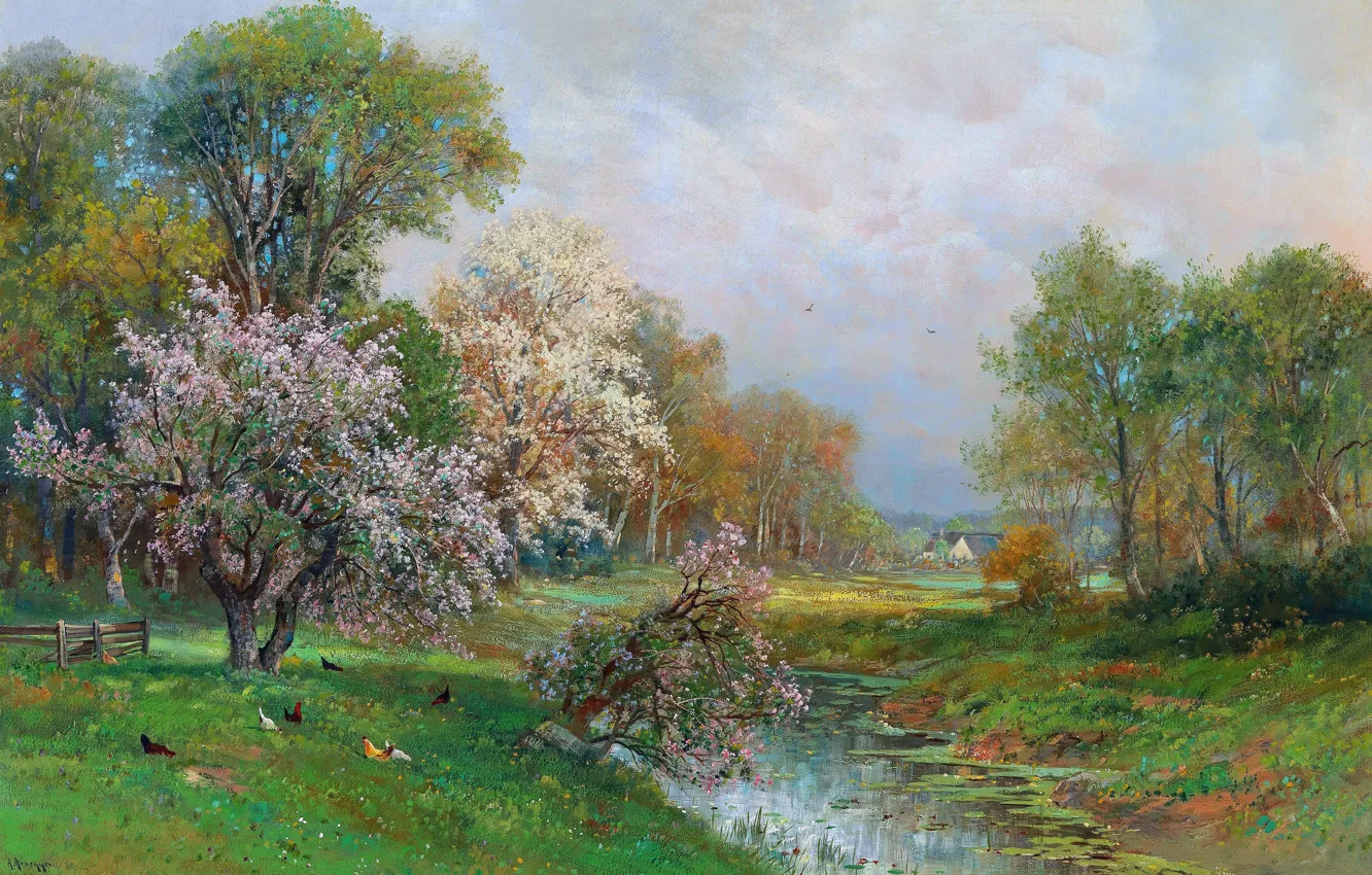 Photo wallpaper trees, stream, home, picture, Alois Arnegger, Spring landscape, Austrian painter, Alois Arnegger