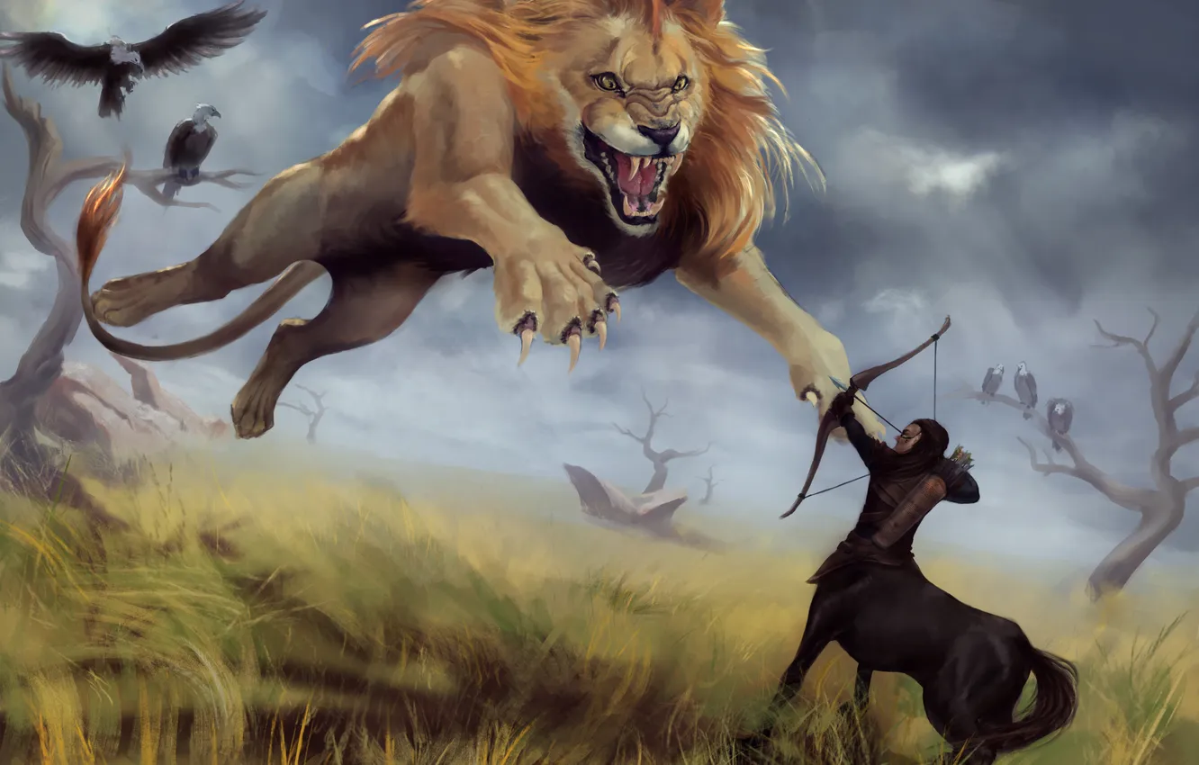 Photo wallpaper predator, Leo, art, attack, vulture, centaur, bow. arrows