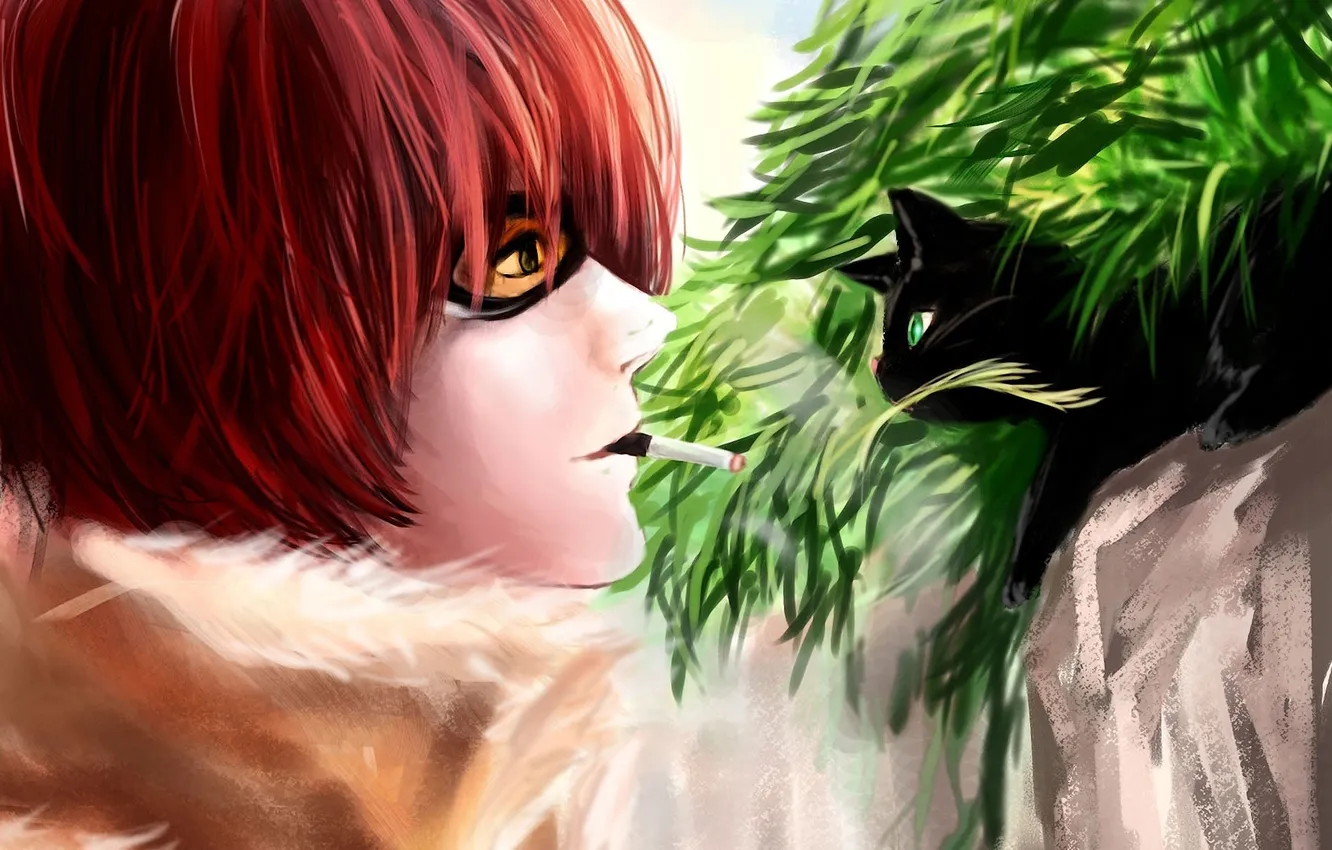 Photo wallpaper cat, grass, cat, black, art, glasses, cigarette, guy