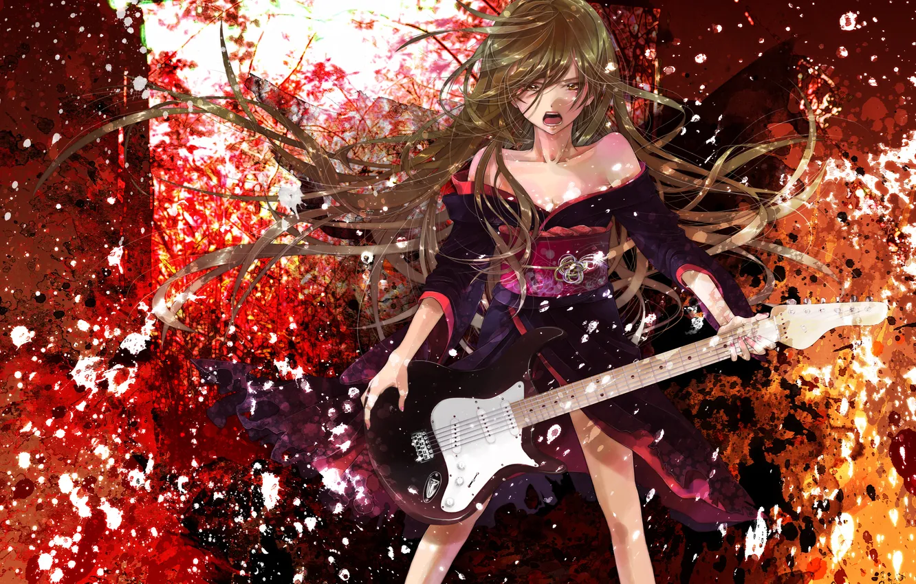 Photo wallpaper girl, guitar, belt, kimono, long hair
