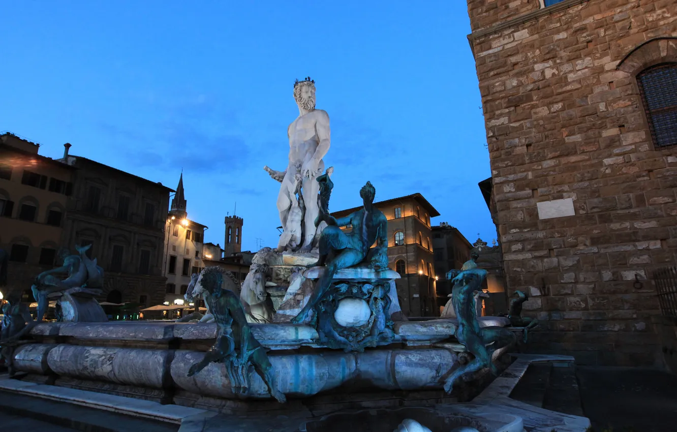Photo wallpaper the sky, home, the evening, Italy, Florence, Piazza della Signoria, The Fountain Of Neptune