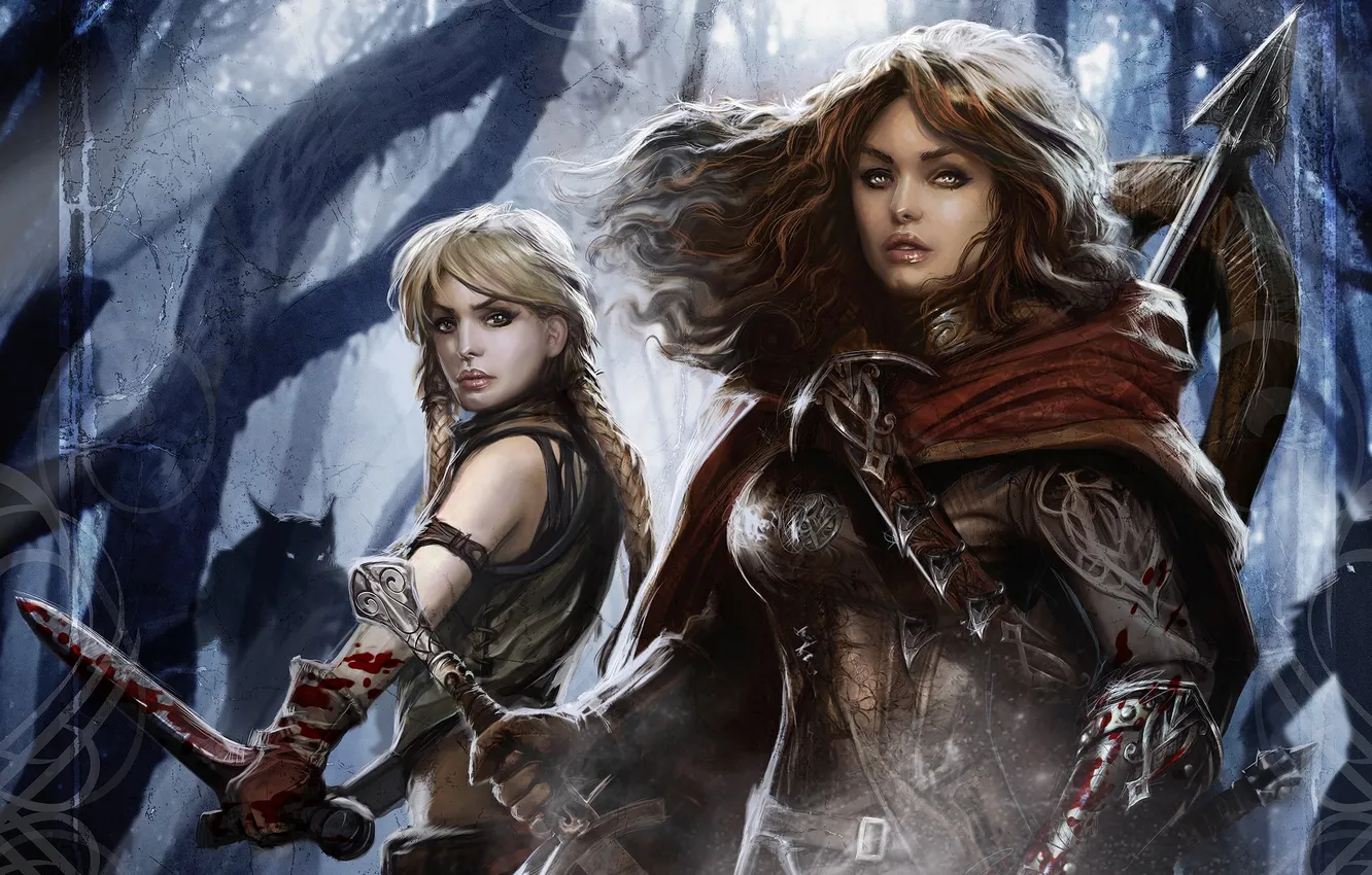 Photo wallpaper forest, girl, trees, blood, monster, sword, armor, warrior