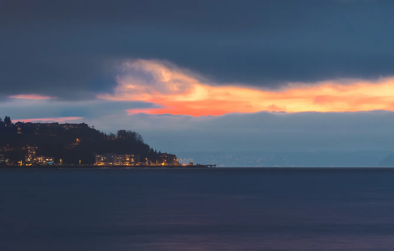 Photo wallpaper the city, shore, the evening, Seattle, USA, Seattle, Washington, Puget Sound