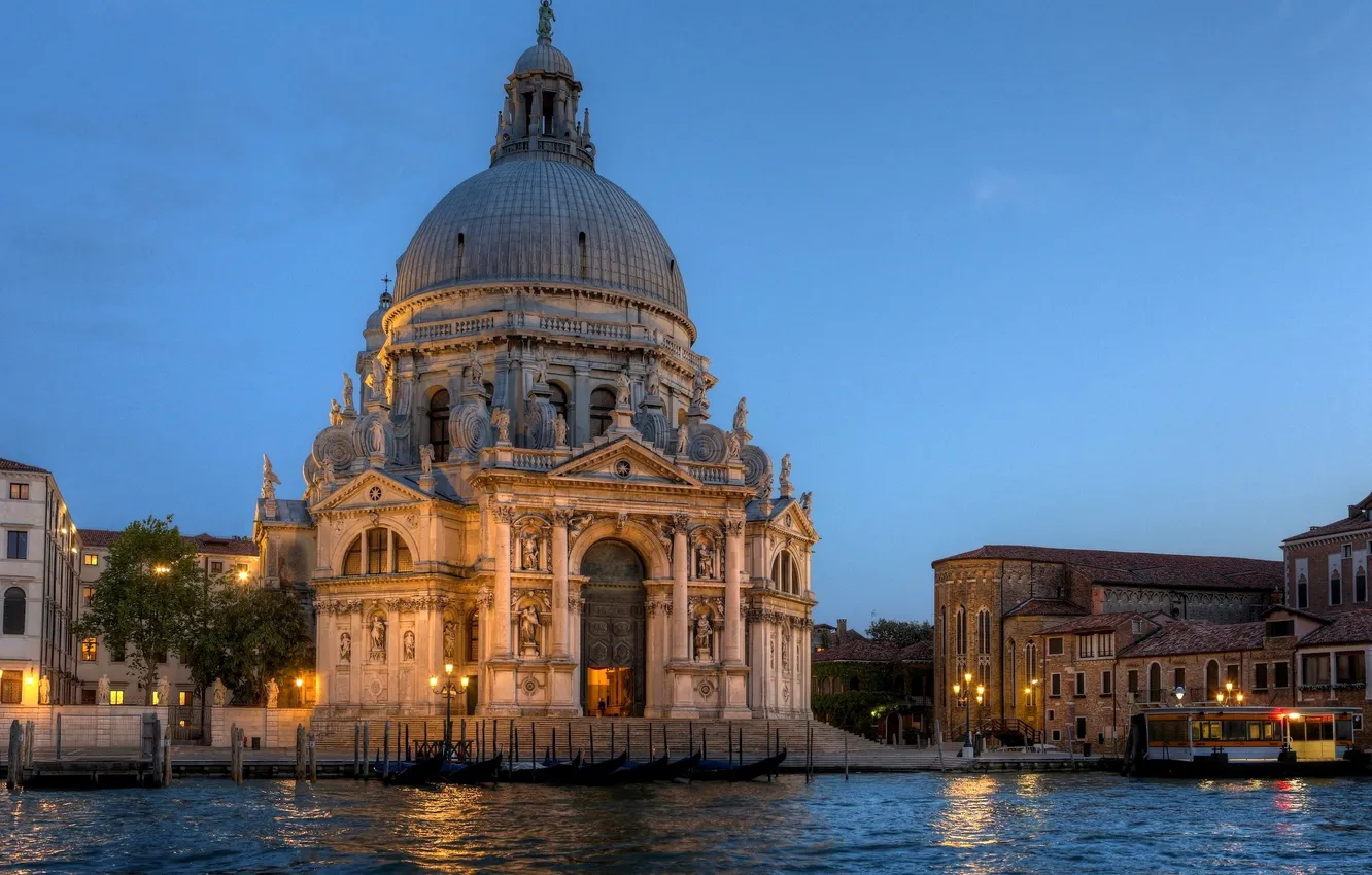 Photo wallpaper sea, the city, the evening, lights, Italy, Venice, Cathedral, Italy