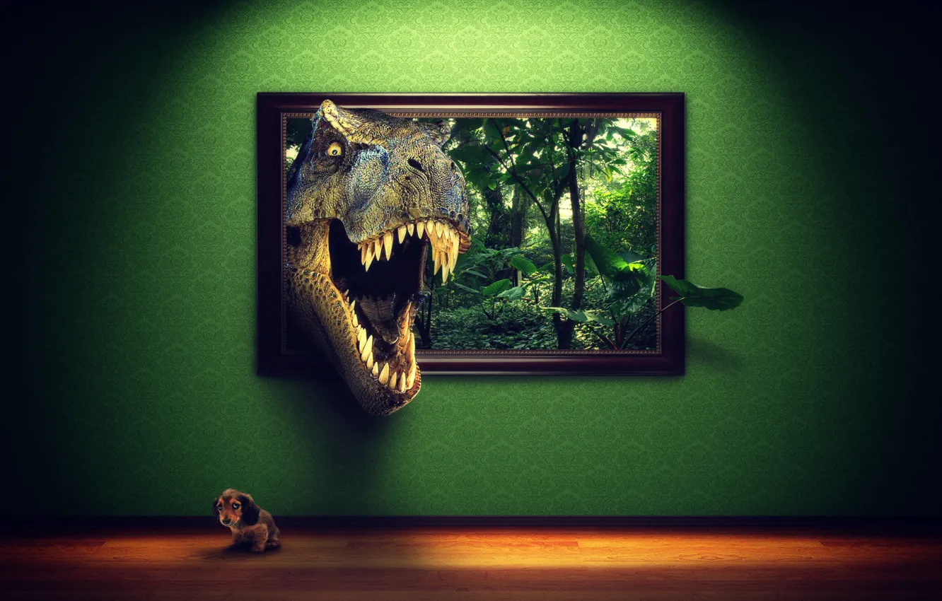 Photo wallpaper dogs, fiction, interior, dinosaur, dog, picture, jungle