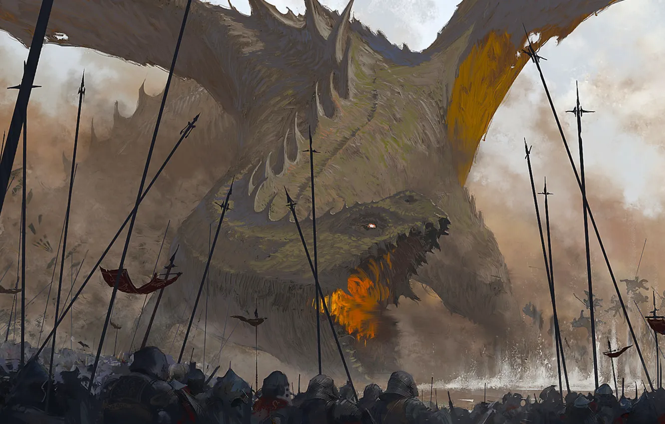 Photo wallpaper war, dragon, art, soldiers, battle, knight, Creek, peak