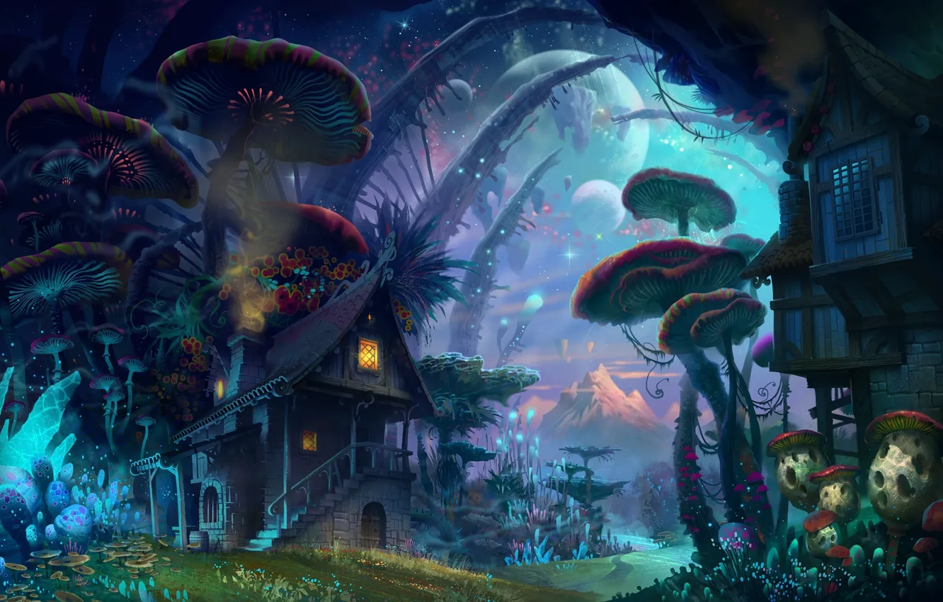 Photo wallpaper forest, the sky, light, house, the moon, mushrooms, mushroom, planet