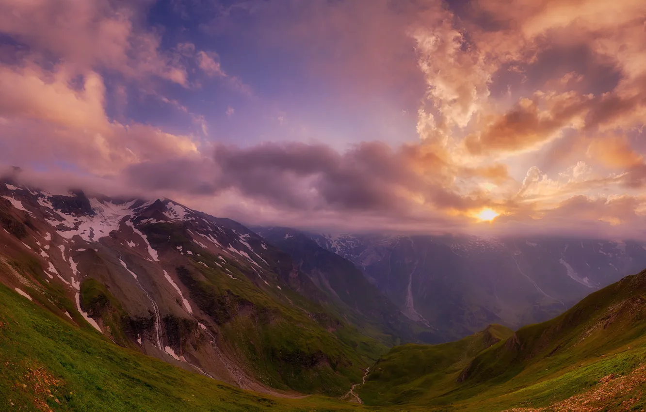 Photo wallpaper the sun, mountains, fog, morning