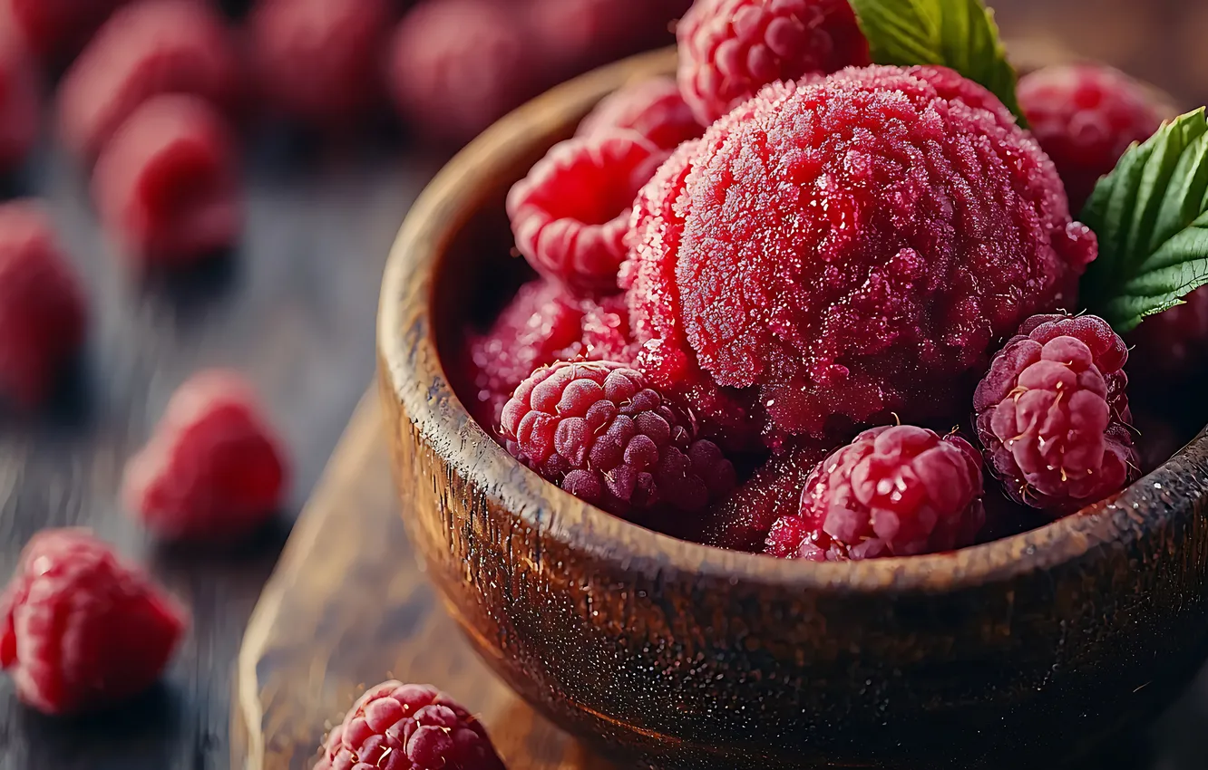 Photo wallpaper balls, berries, raspberry, table, ice cream, bowl, placer, dessert