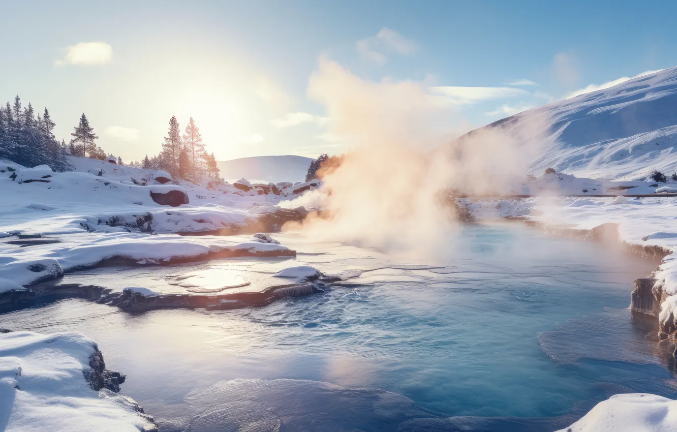 Photo wallpaper ice, winter, forest, the sun, light, snow, mountains, nature
