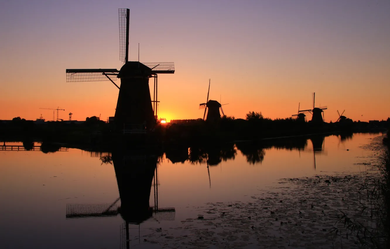 Photo wallpaper sunset, silhouette, channel, Netherlands, windmill, Kinderdijk