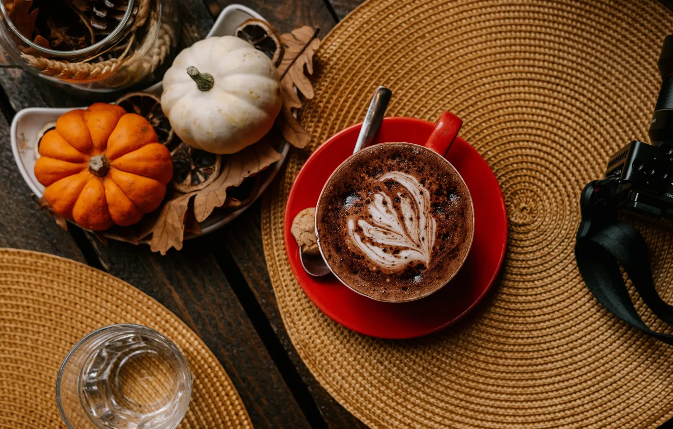 Photo wallpaper autumn, glass, comfort, Board, coffee, spoon, mug, Cup