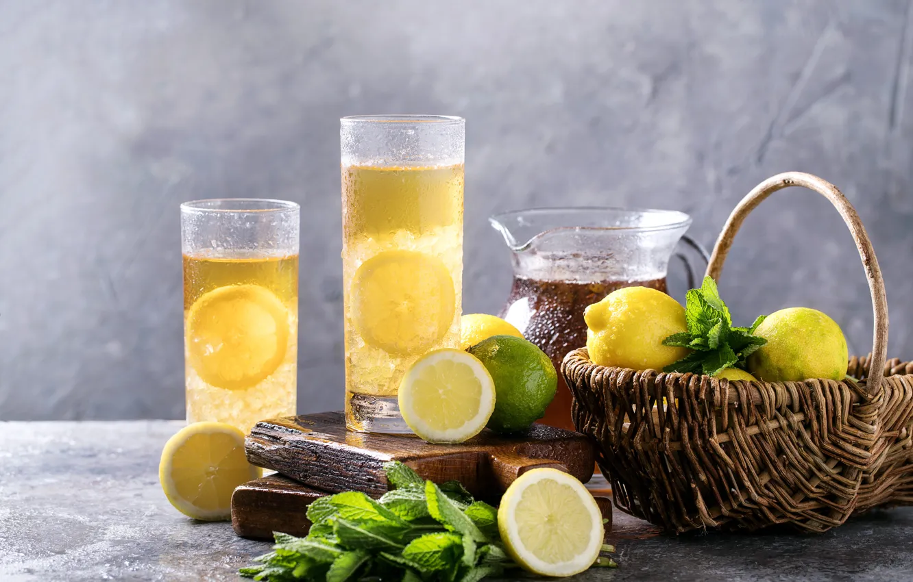 Photo wallpaper lemon, lime, citrus, drink, basket, lemonade, Roman Dbree