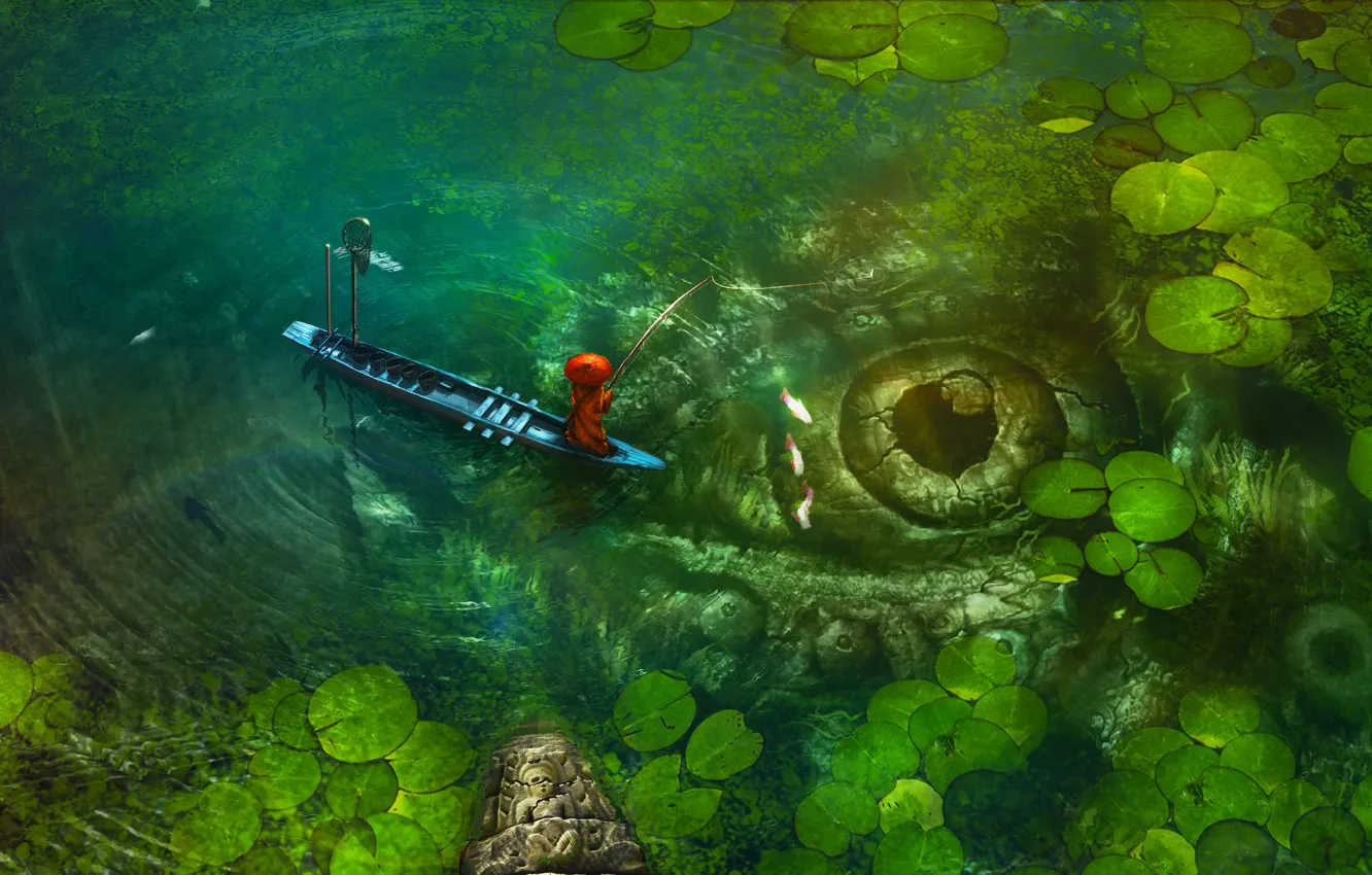 Photo wallpaper eyes, water, boat, fisherman, costume