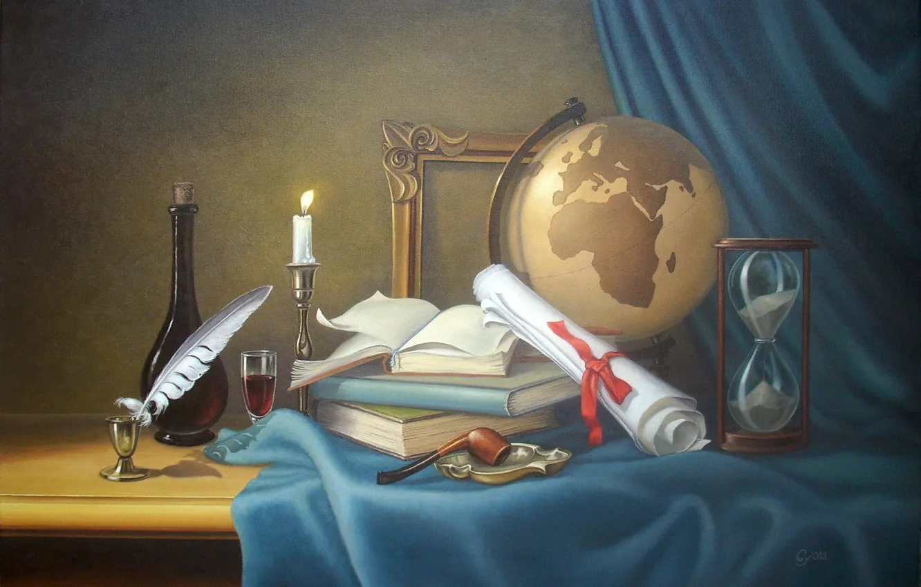 Photo wallpaper pen, books, candle, tube, still life, globe, hourglass, ink