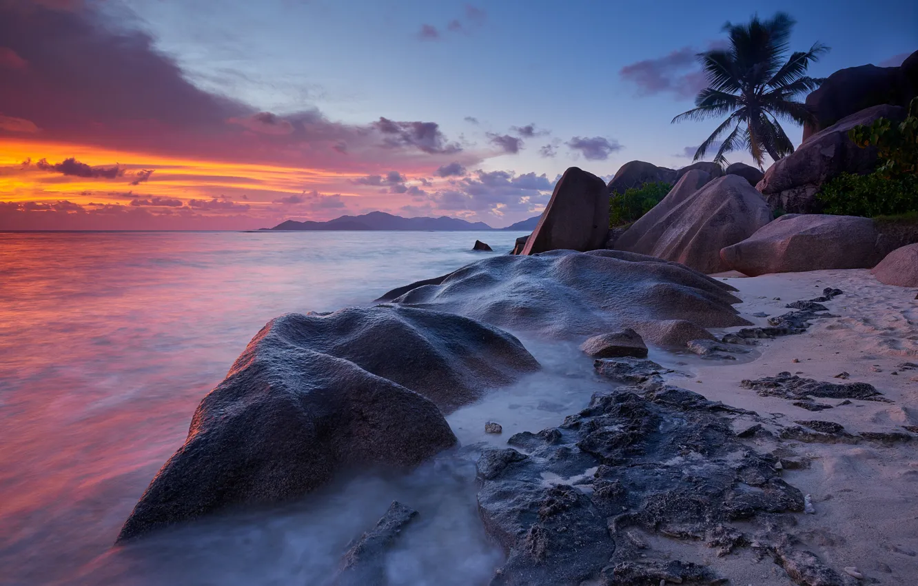 Photo wallpaper the sky, clouds, stones, palm trees, rocks, tide, glow