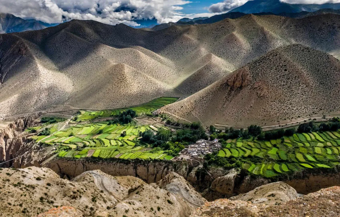 Photo wallpaper field, mountains, village, panorama, Nepal