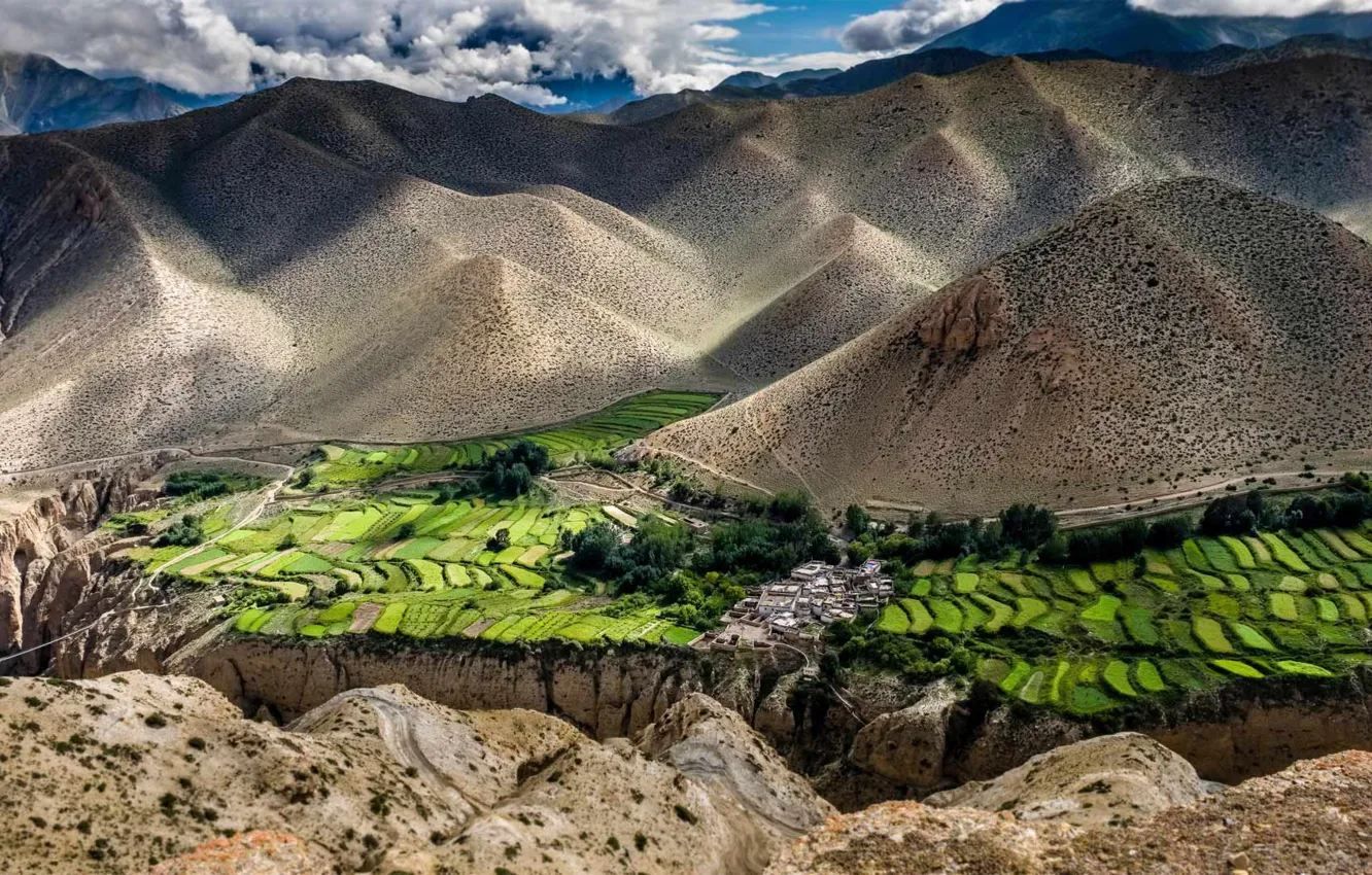 Photo wallpaper mountains, field, village, panorama, Nepal