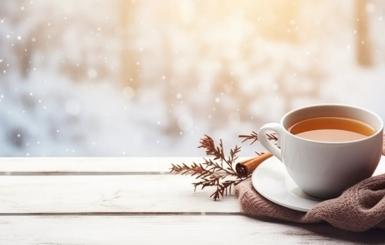 Photo wallpaper winter, glass, balls, snow, comfort, window, Christmas, mug