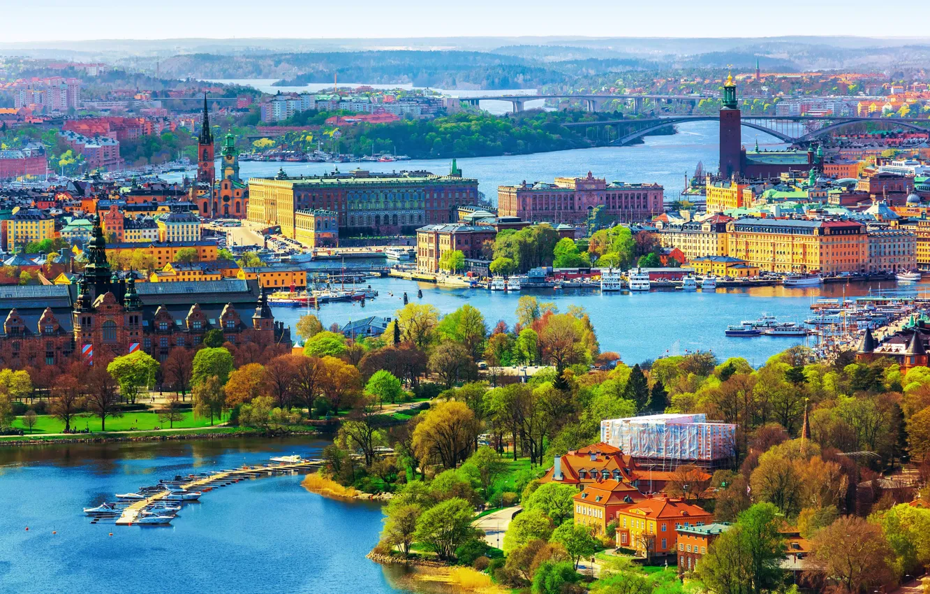 Photo wallpaper trees, landscape, the city, river, home, boats, panorama, Sweden