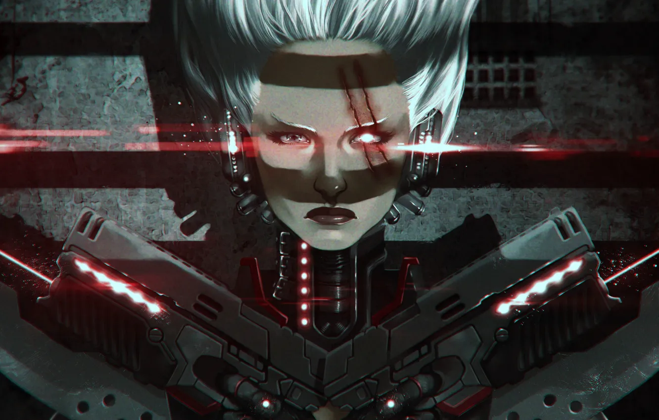 Photo wallpaper look, gun, neon, laser, cyborg, scar, SHWANN Universe, Tempo Slice