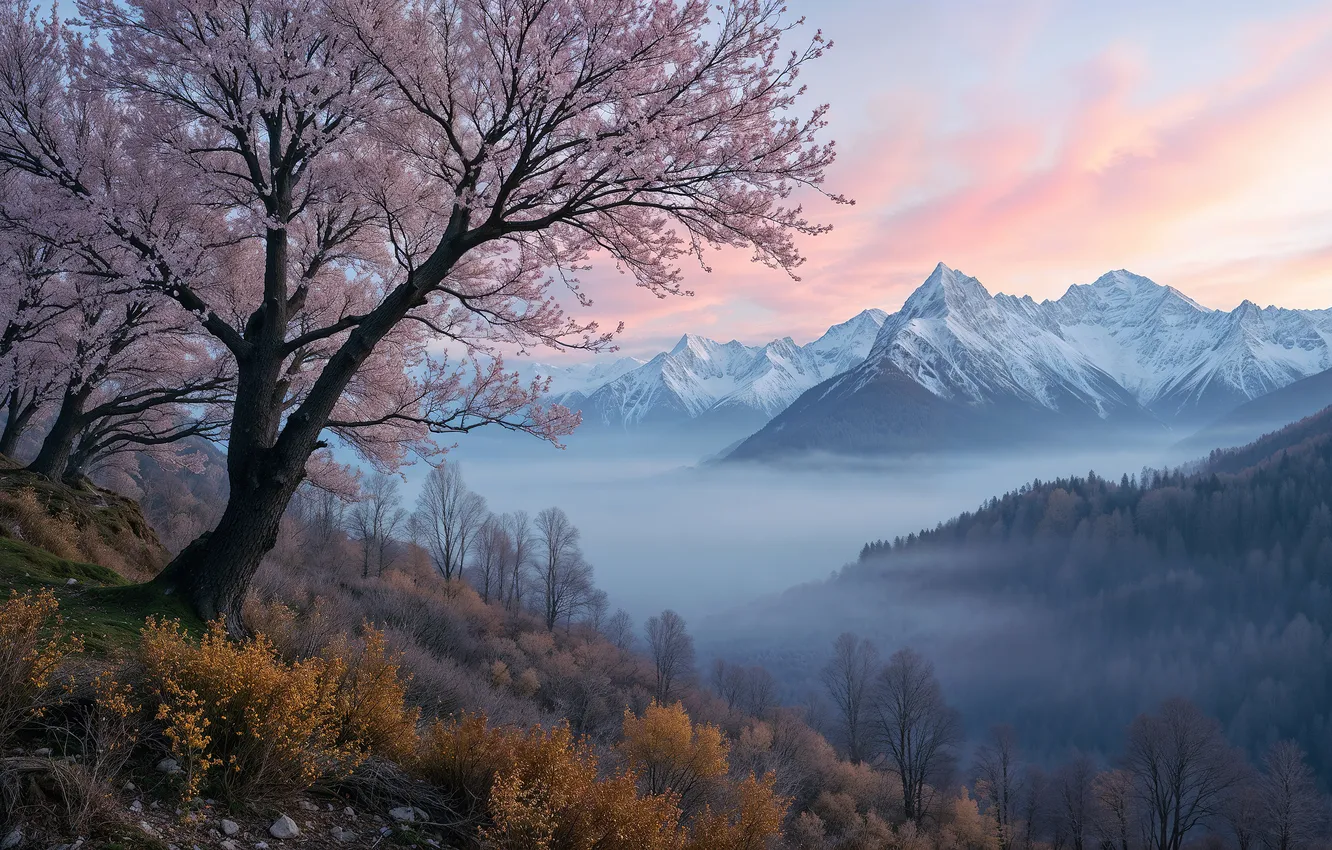 Photo wallpaper the sky, clouds, snow, mountains, fog, branch, tops, view