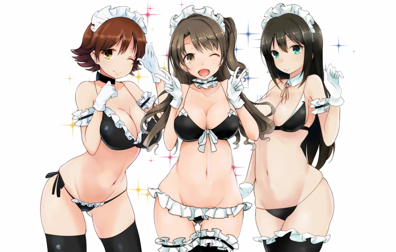 Photo wallpaper sexy, lingerie, bra, cleavage, panties, thighhighs, green eyes, long hair