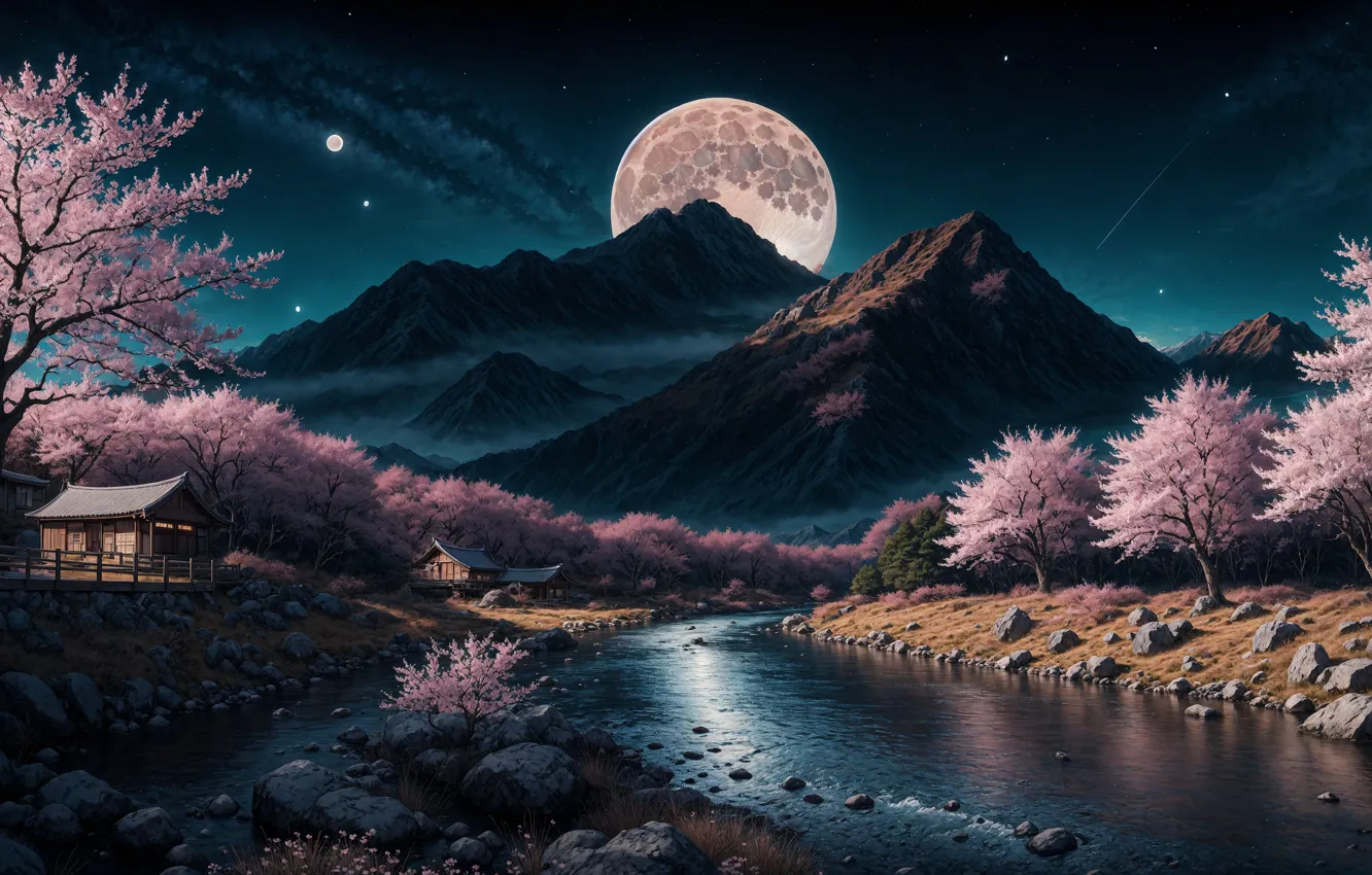 Photo wallpaper moon, house, forest, river, landscape, nature, water, night