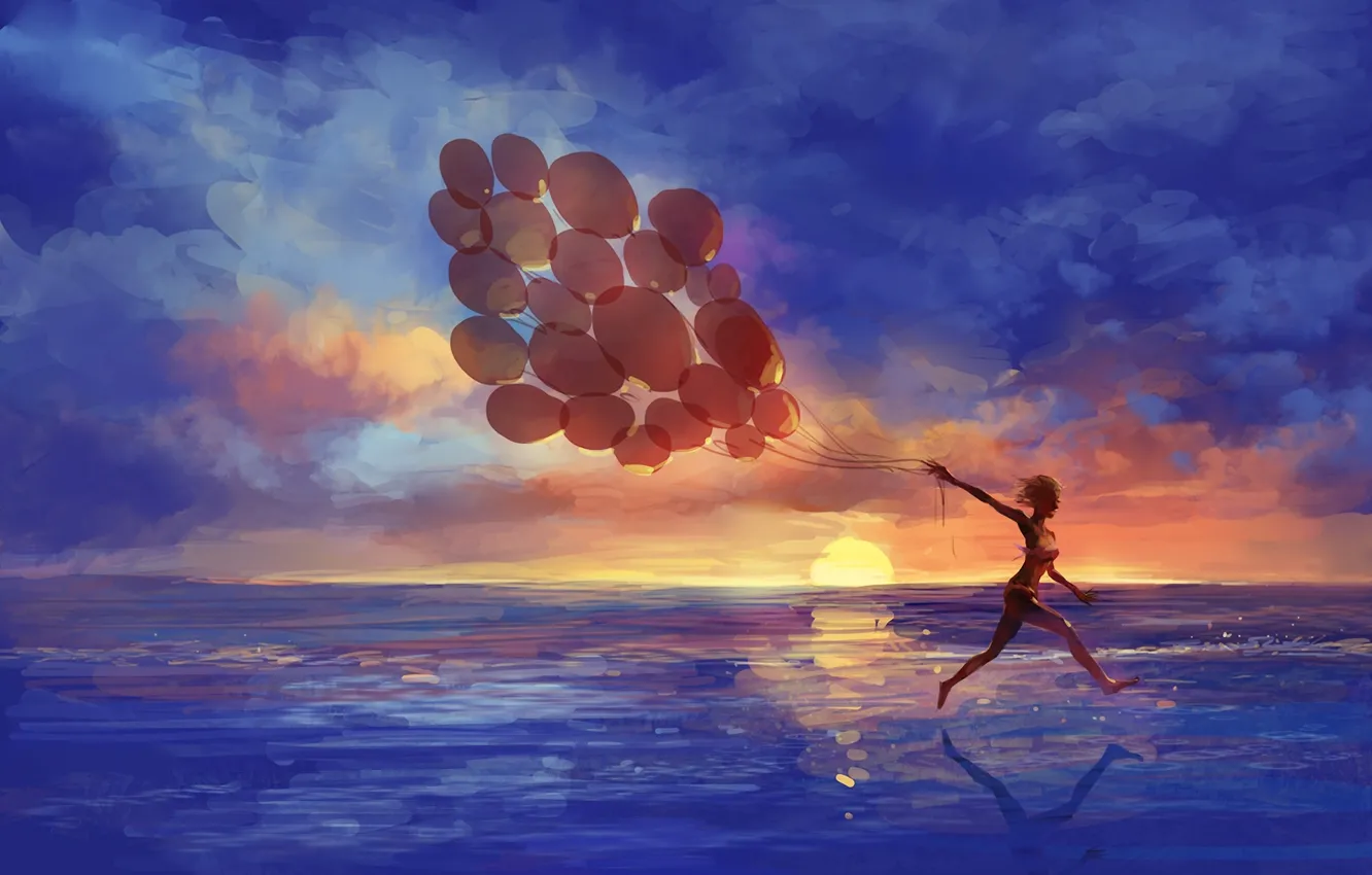 Photo wallpaper sea, girl, sunset, balloons, emotions, art, running