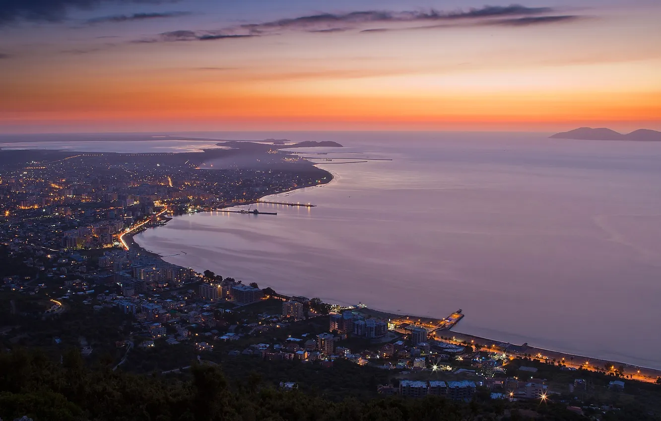 Photo wallpaper the sky, clouds, landscape, sunset, the city, lights, lake, the evening
