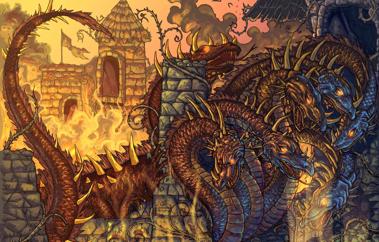 Photo wallpaper fire, tale, fortress, dragon