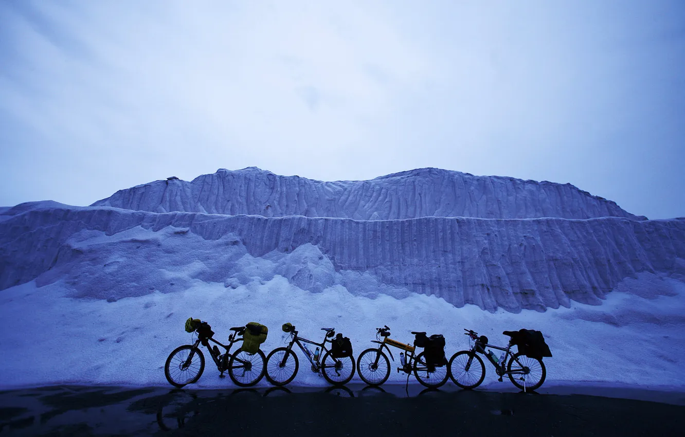 Photo wallpaper snow, landscape, bikes