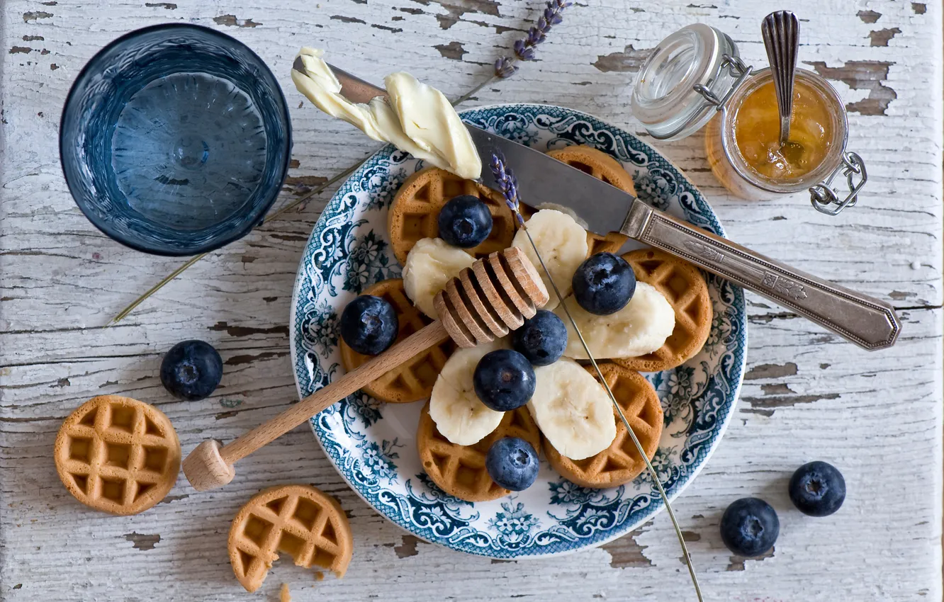 Photo wallpaper berries, bananas, waffles