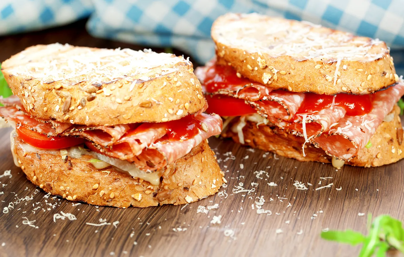 Photo wallpaper tomatoes, sausage, toast, sandwiches