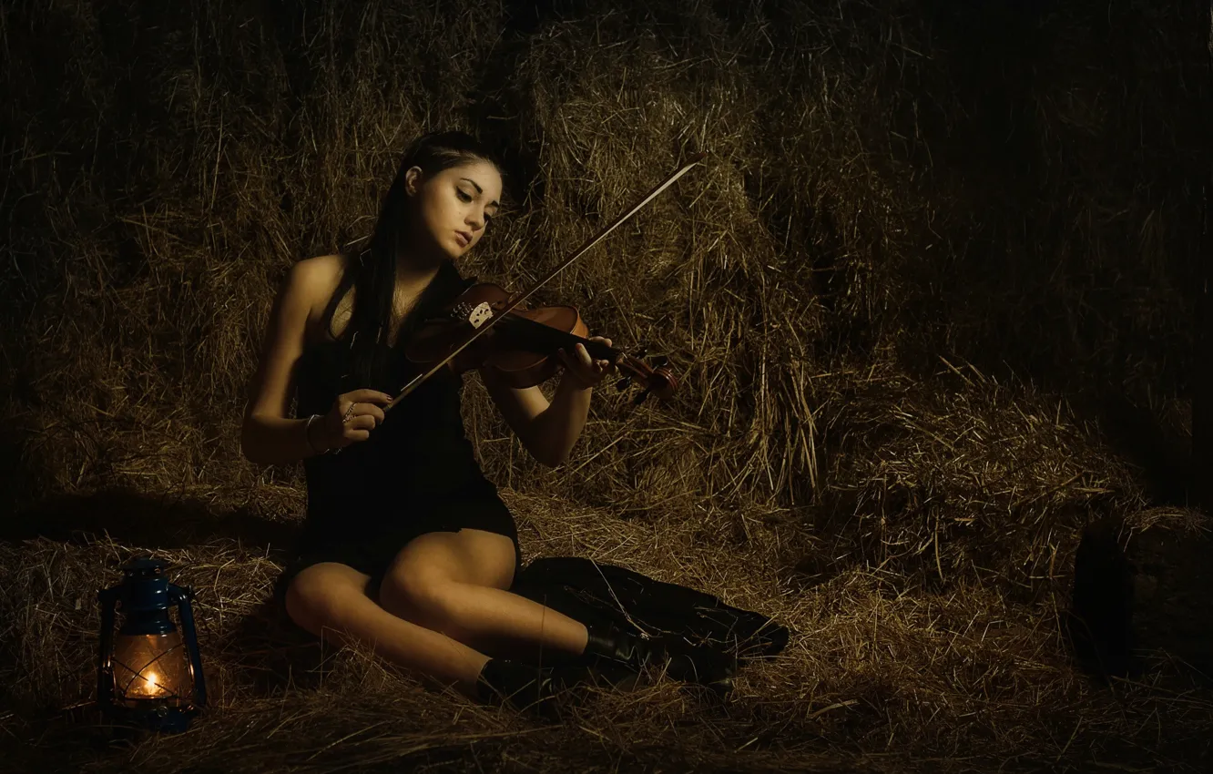 Photo wallpaper girl, violin, lamp, hay