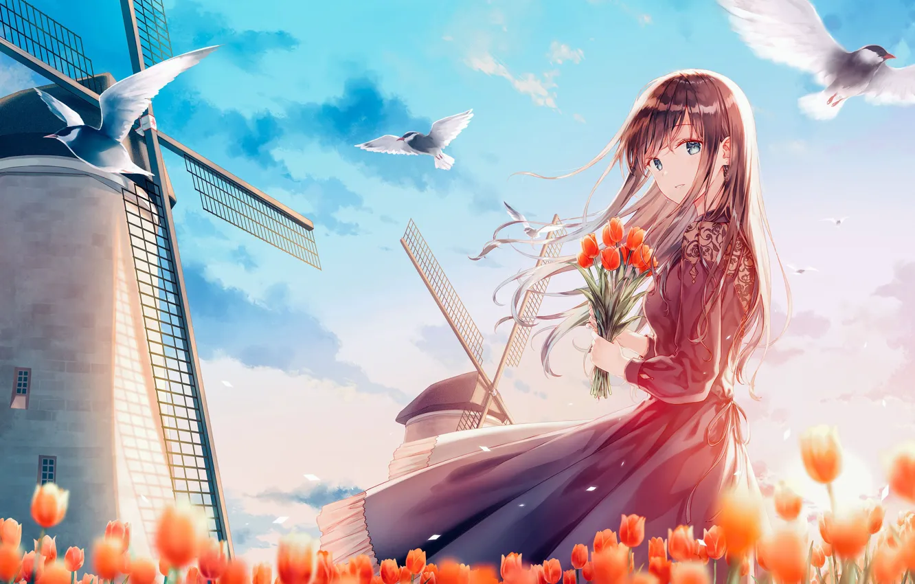 Photo wallpaper the sky, girl, spring, mill, tulips