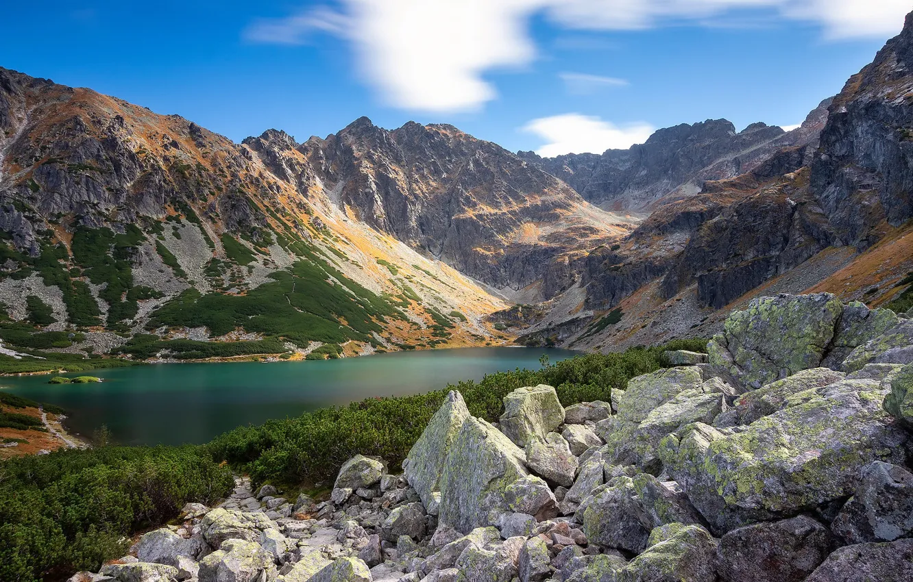 Photo wallpaper the sky, mountains, lake, blue, stones, rocks, shore, tops