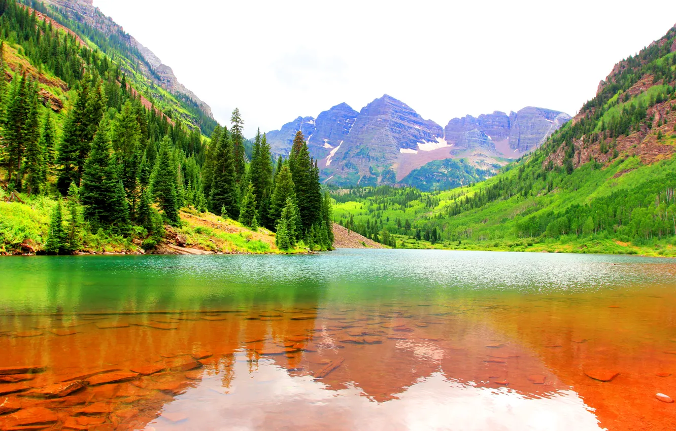 Photo wallpaper forest, water, mountains, lake, stones, rocks, the bottom, gorge