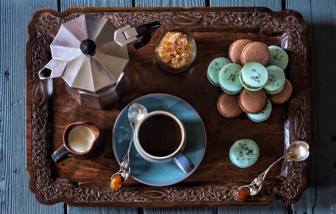 Photo wallpaper coffee, milk, cookies, still life, tray, coffee pot