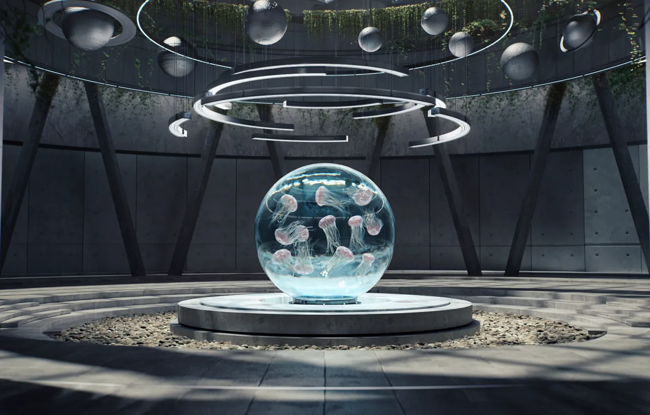 Photo wallpaper pebbles, balls, aquarium, construction, the room