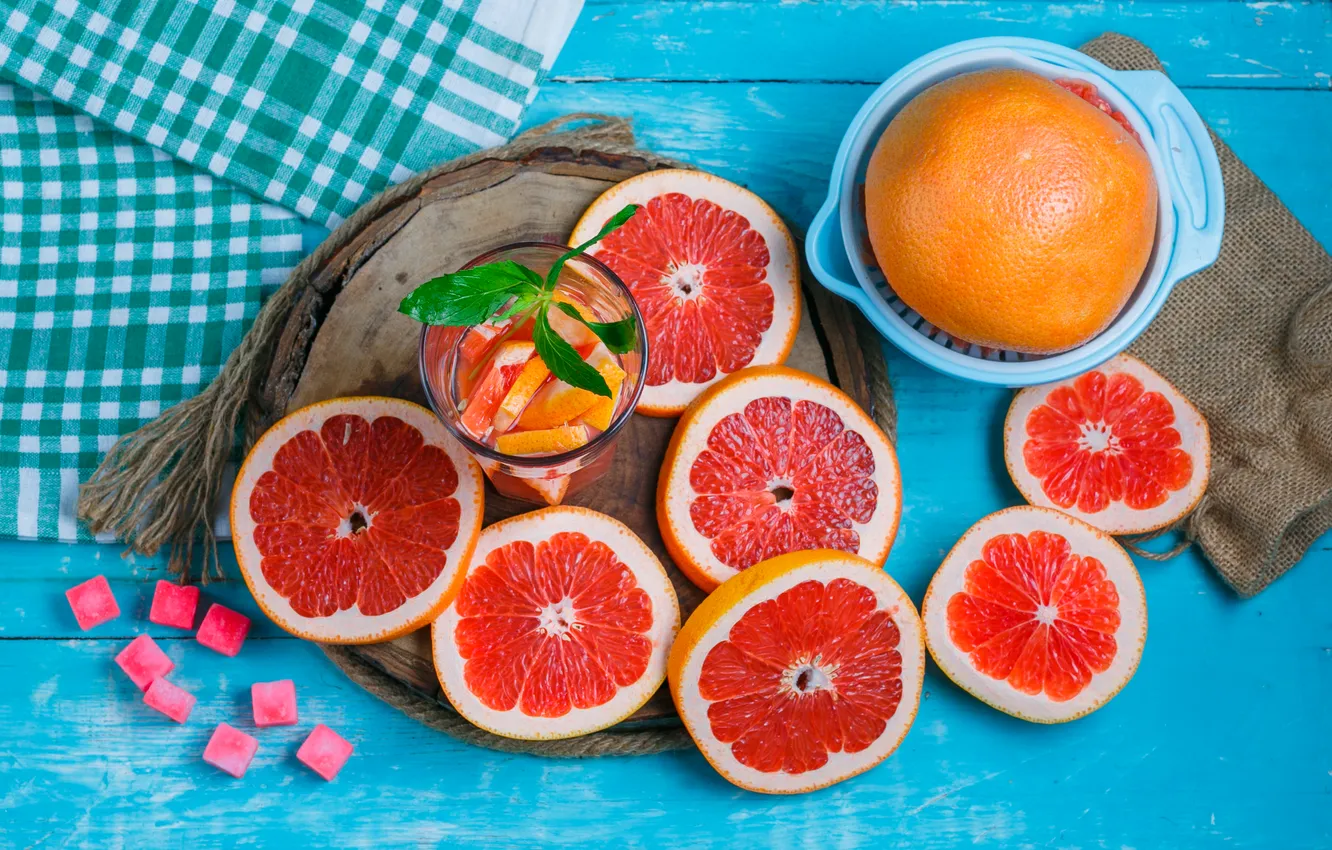 Photo wallpaper citrus, blue background, grapefruit